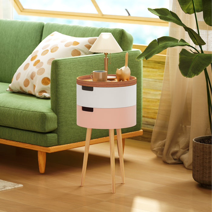 3-Tier Side Table, Round Living Room End Table with 2 Hidden Storage and Detachable Top Tray, Sofa Small Side Table with Wooden Legs, Multicolour