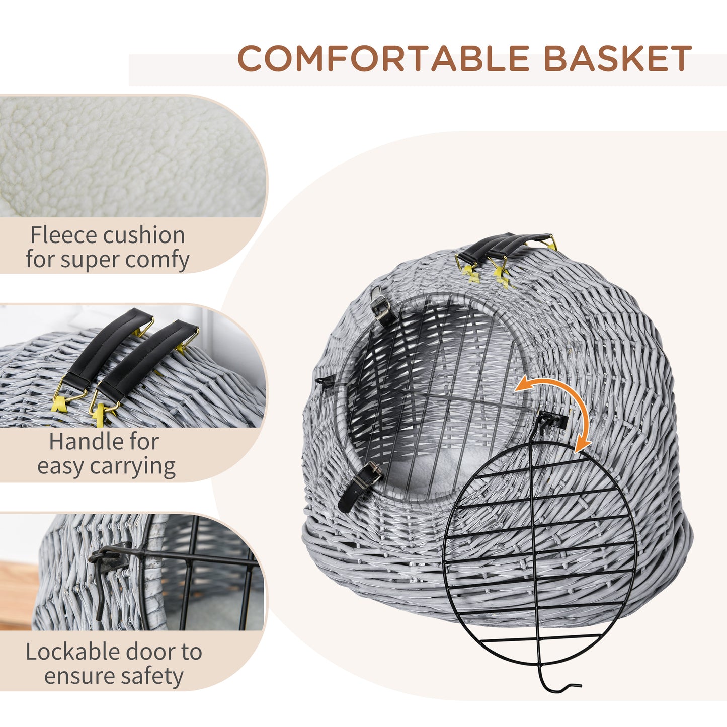 Cats Wicker Travel Carrier Basket w/ Plush Cushion Grey