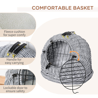 Cats Wicker Travel Carrier Basket w/ Plush Cushion Grey