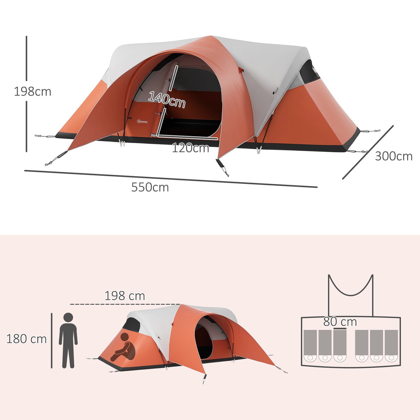 3000mm Waterproof Camping Tent w/ Porch & Sewn in Groundsheet, Orange