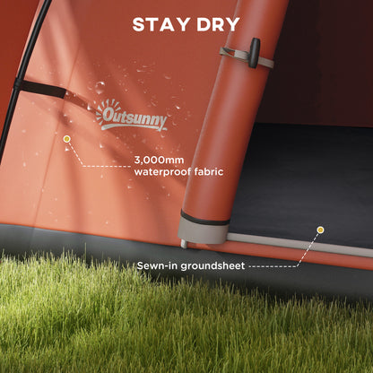 3000mm Waterproof Camping Tent w/ Porch & Sewn in Groundsheet, Orange