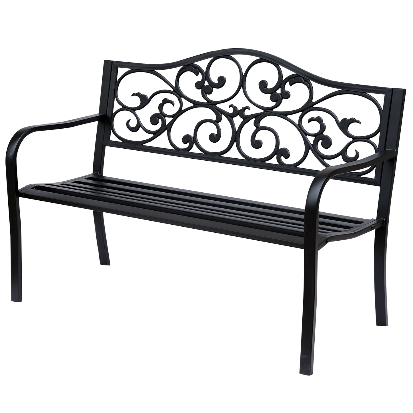 Metal Garden Bench, Outdoor Bench with Floral Back, Black