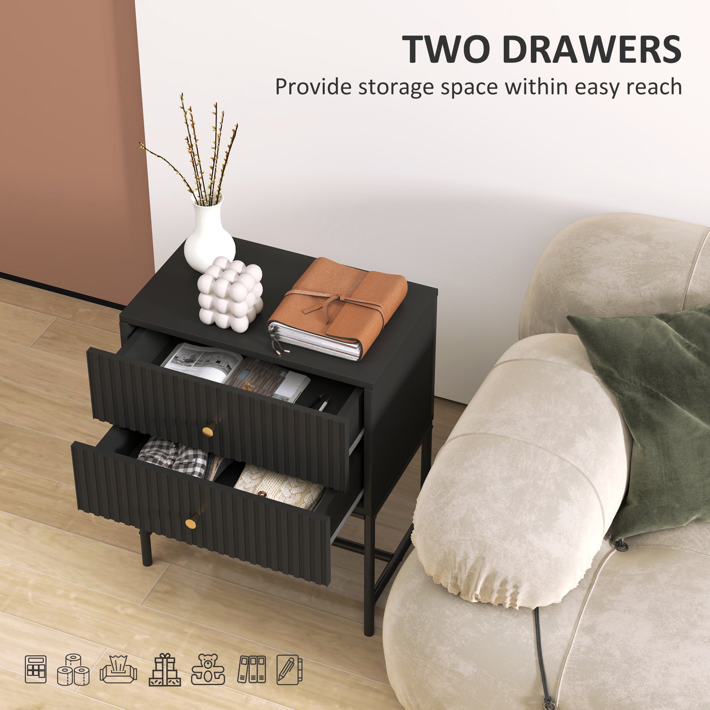 Modern Bedside Table with 2 Drawers for Bedroom, Black