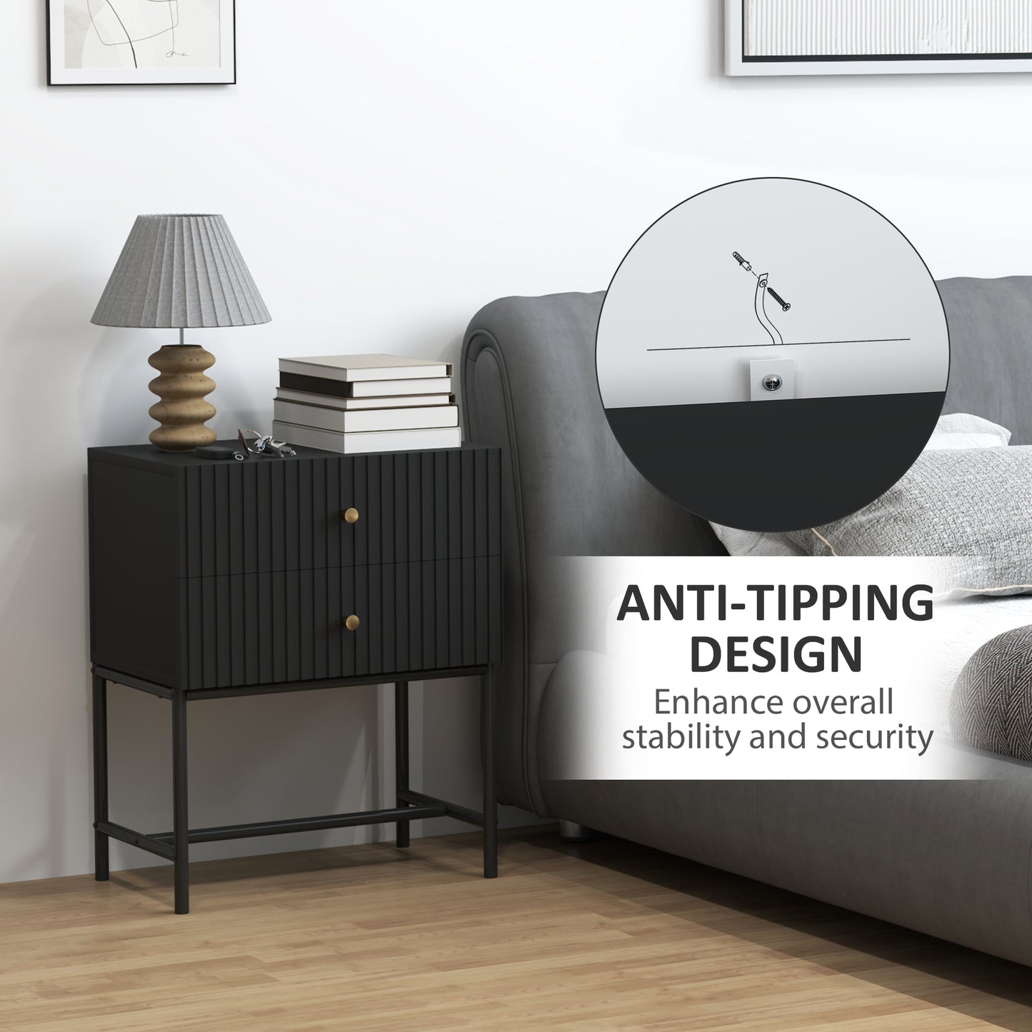 Modern Bedside Table with 2 Drawers for Bedroom, Black