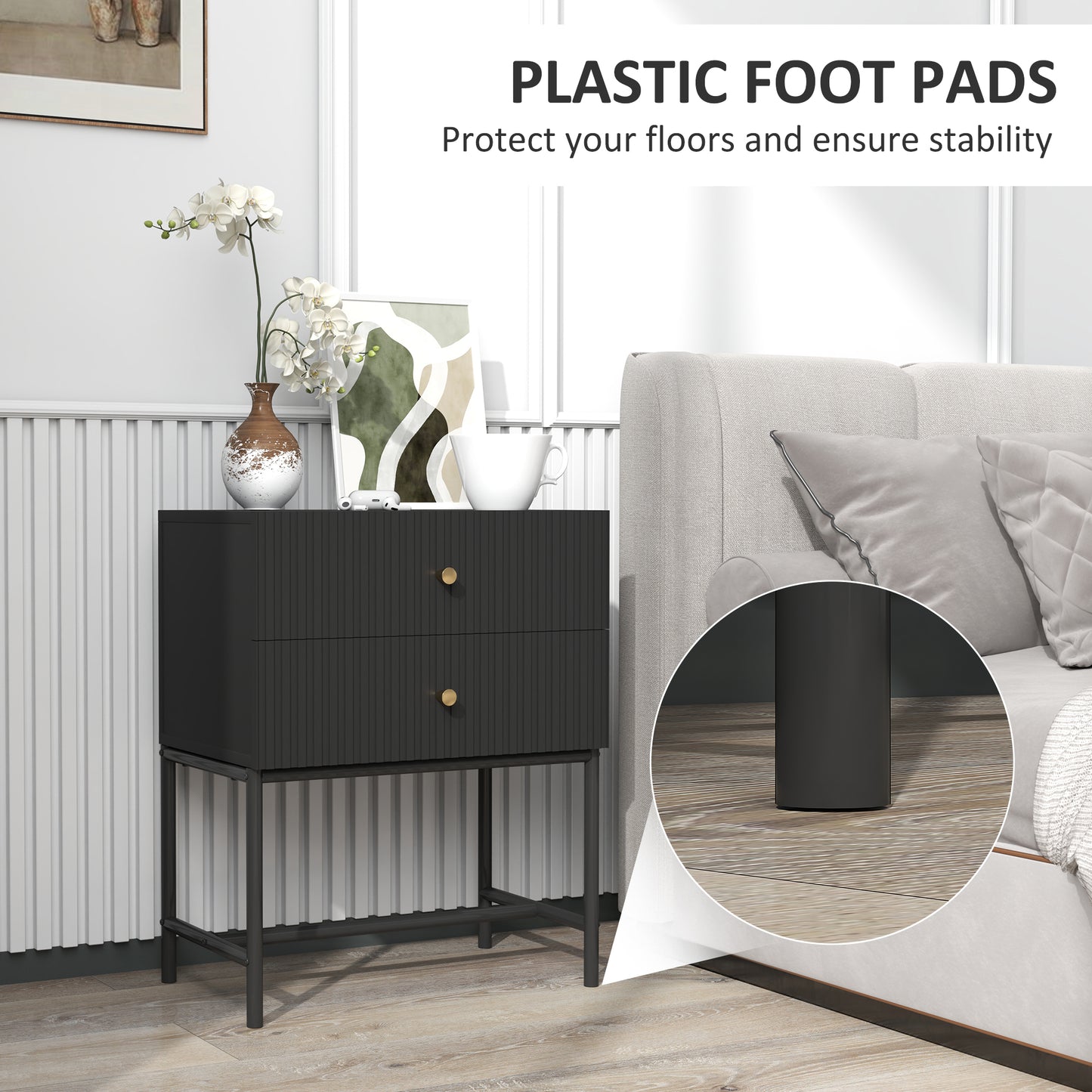 Modern Bedside Table with 2 Drawers for Bedroom, Black