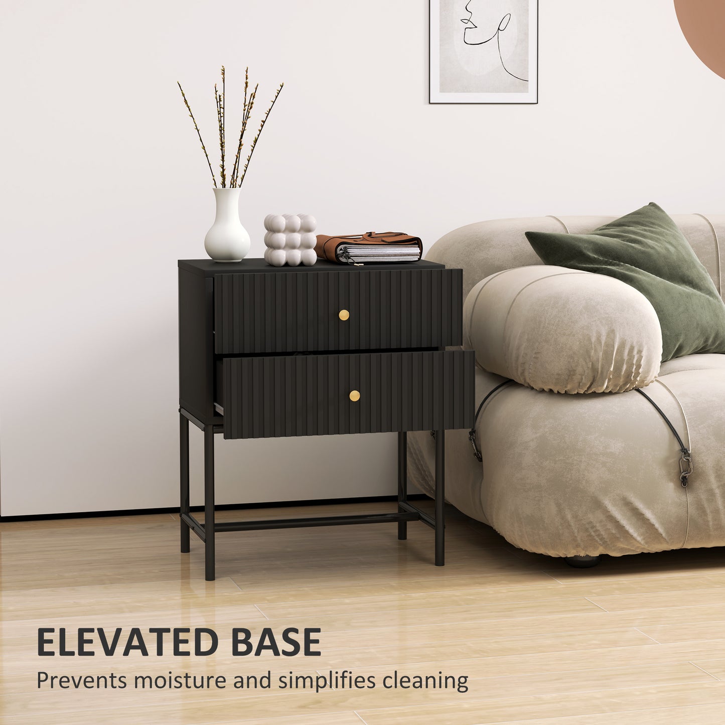 Modern Bedside Table with 2 Drawers for Bedroom, Black