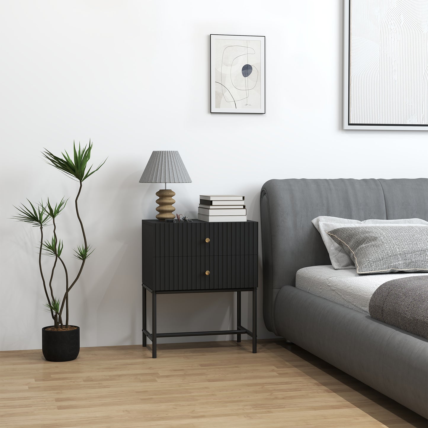 Modern Bedside Table with 2 Drawers for Bedroom, Black
