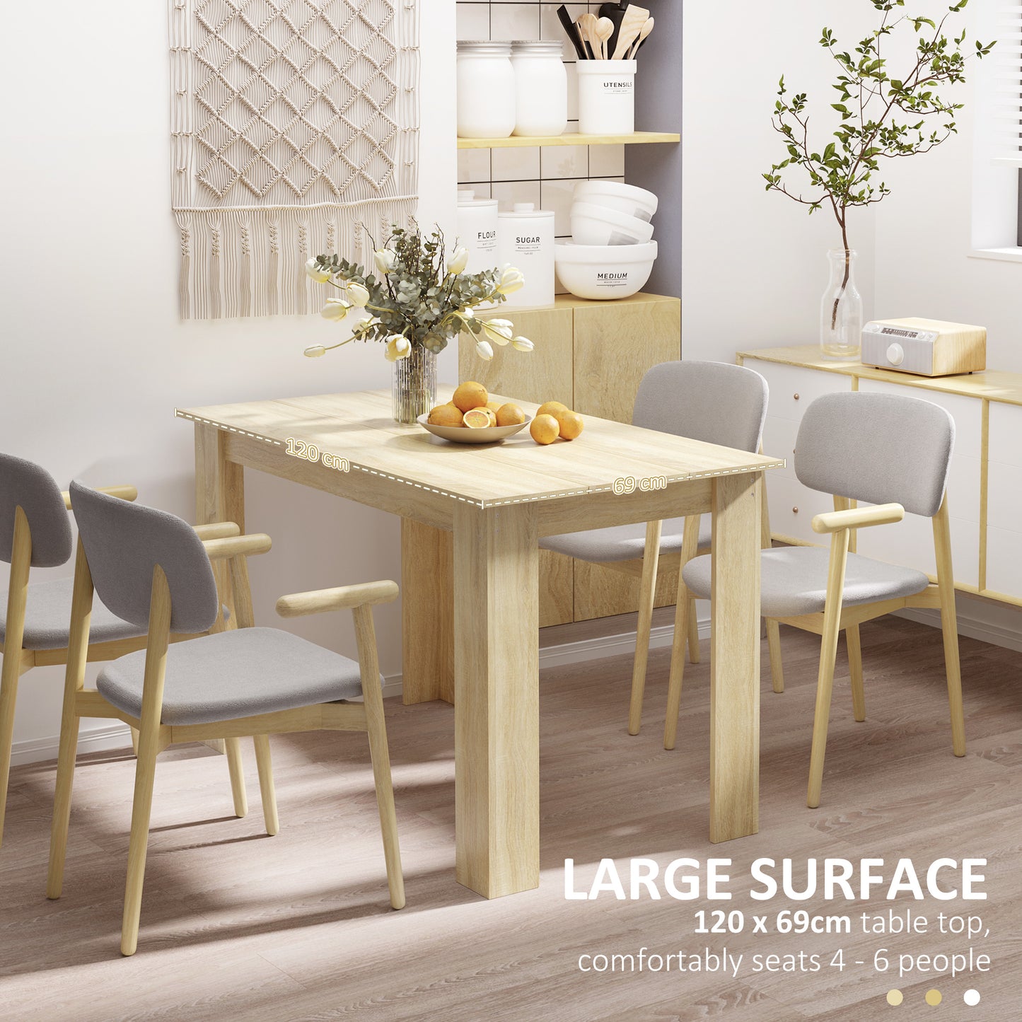 Dining Table for 4-6 People, Wood Effect Tabletop, Oak