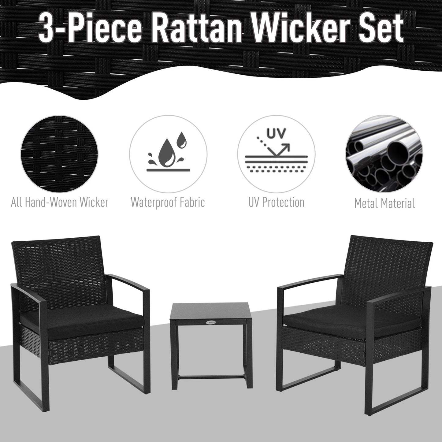 Outsunny 3 Pieces Outdoor Rattan Bistro Set, Patio Wicker Balcony Furniture, Conservatory Sofa Coffee Table and Chairs Sets for Garden, Backyard, Porch, Black