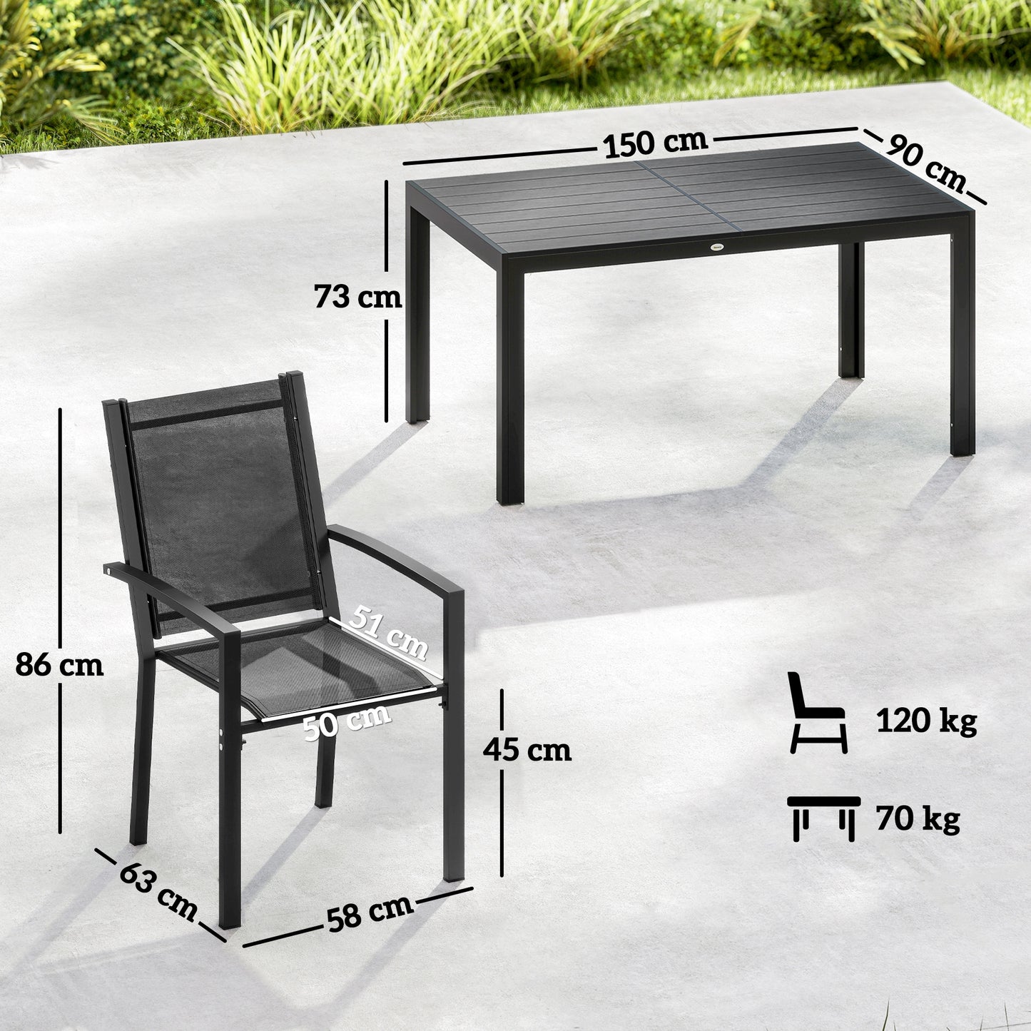 Garden Dining Set for 6, Outdoor Dining Table and Chairs, Black