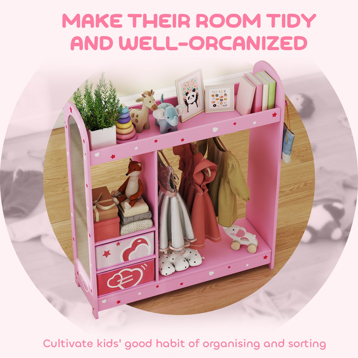 Kids Wardrobe, Kids Clothes Rail with Mirror for Bedroom, Pink