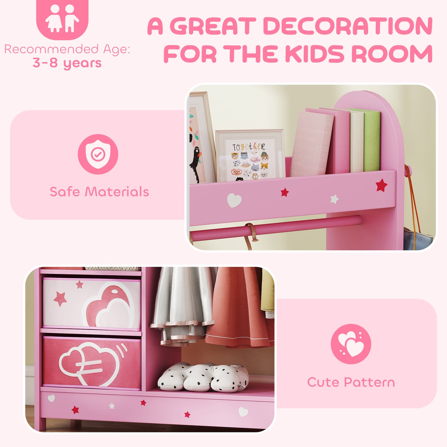 Kids Wardrobe, Kids Clothes Rail with Mirror for Bedroom, Pink