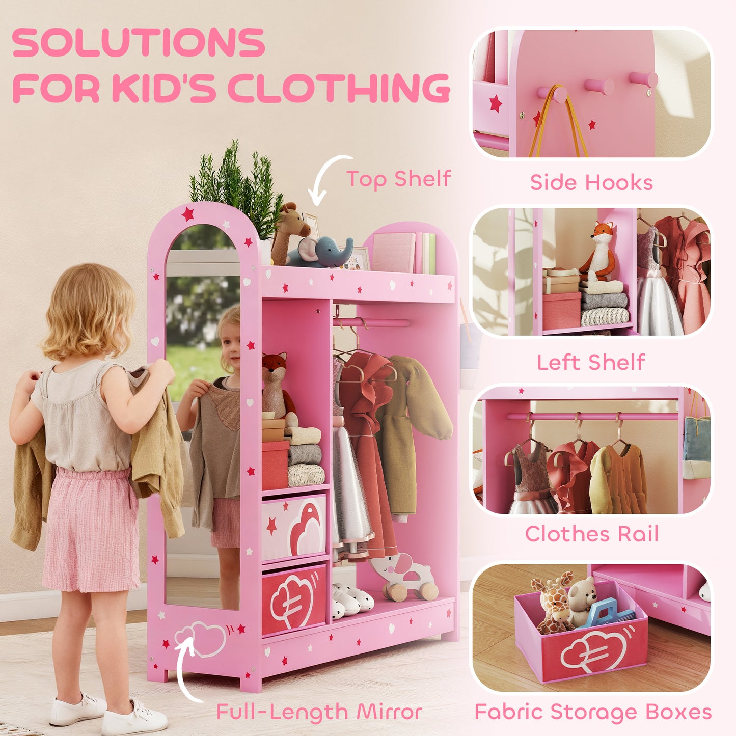 Kids Wardrobe, Kids Clothes Rail with Mirror for Bedroom, Pink