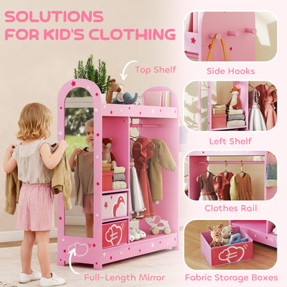 Kids Wardrobe, Kids Clothes Rail with Mirror for Bedroom, Pink