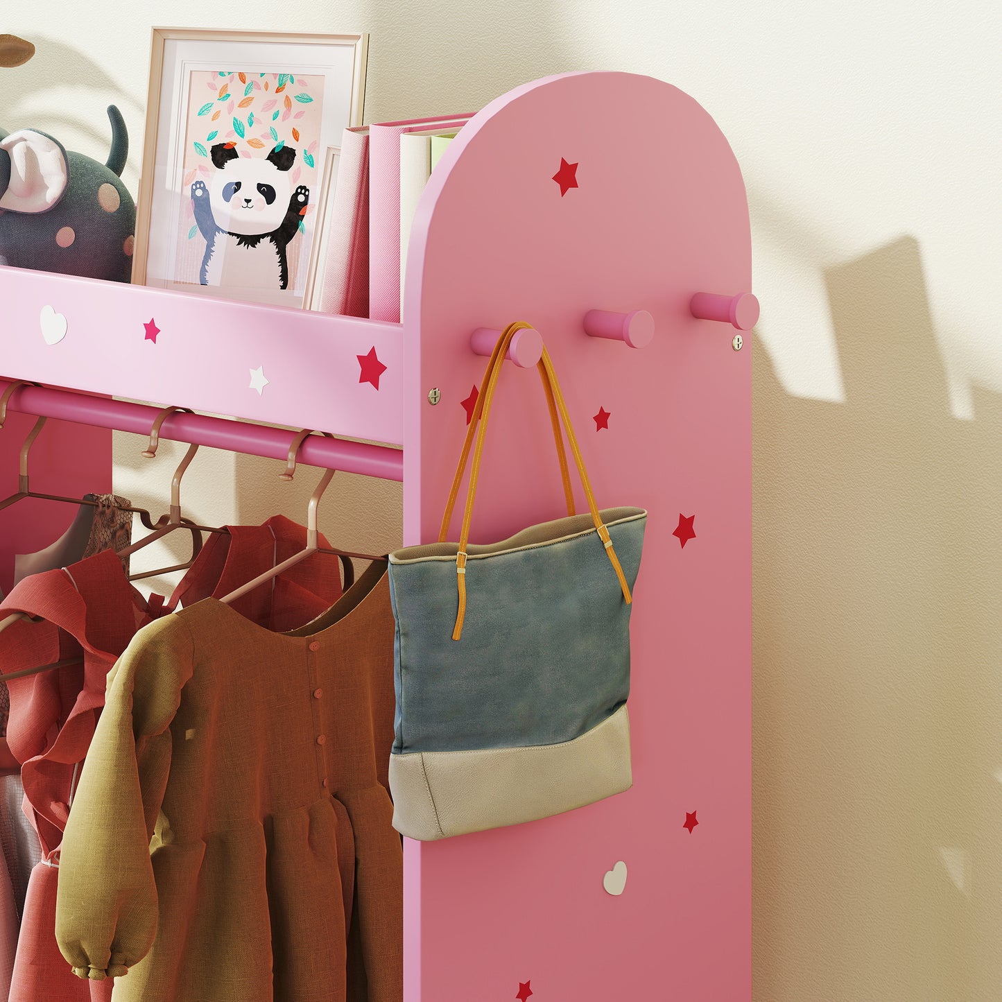 Kids Wardrobe, Kids Clothes Rail with Mirror for Bedroom, Pink