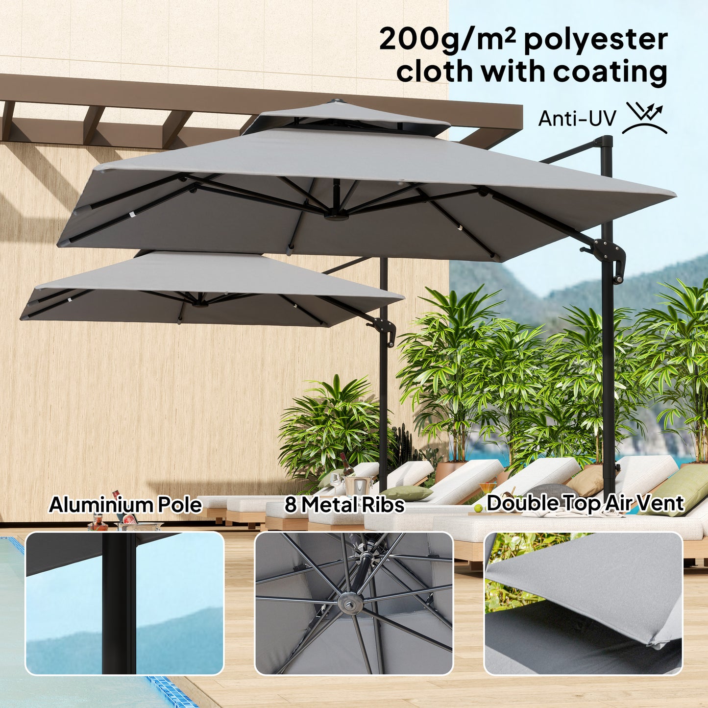 360° Cantilever Parasol Roma Umbrella w/ Base Weights, Light Grey