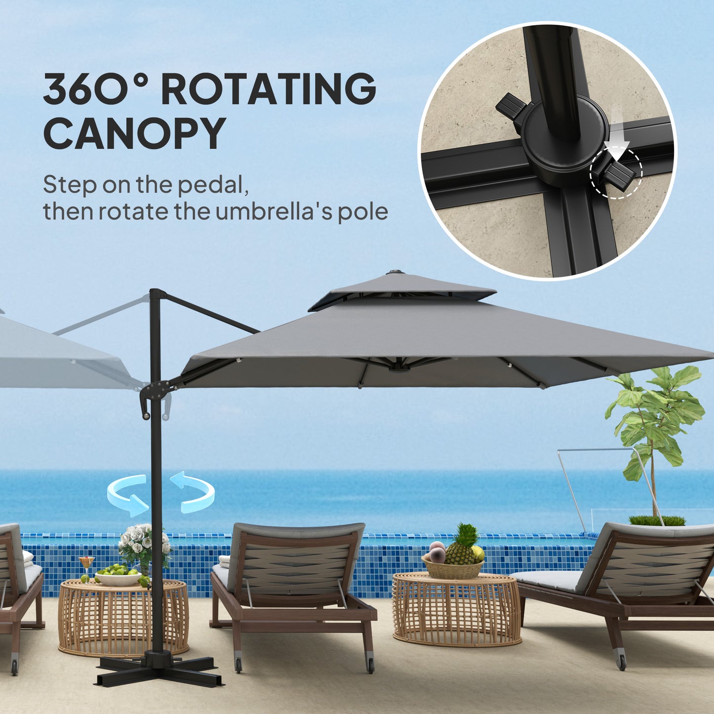 360° Cantilever Parasol Roma Umbrella w/ Base Weights, Light Grey