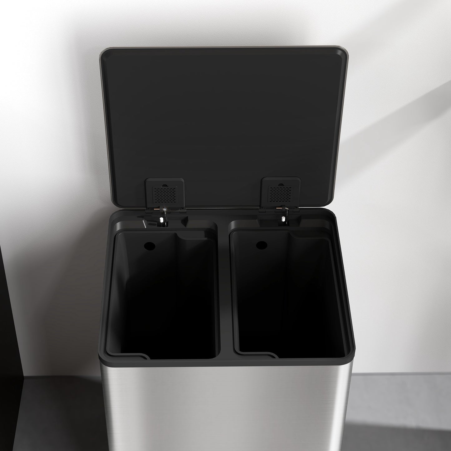 Double Kitchen Bin, Pedal Bin with Soft-Close Lid, Silver Tone