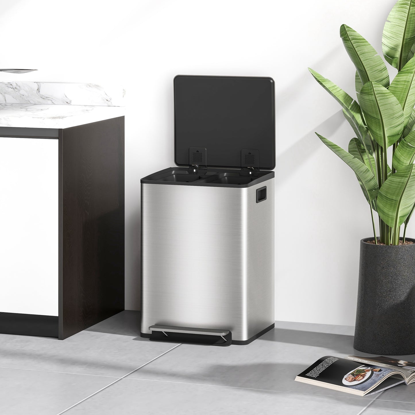 Double Kitchen Bin, Pedal Bin with Soft-Close Lid, Silver Tone