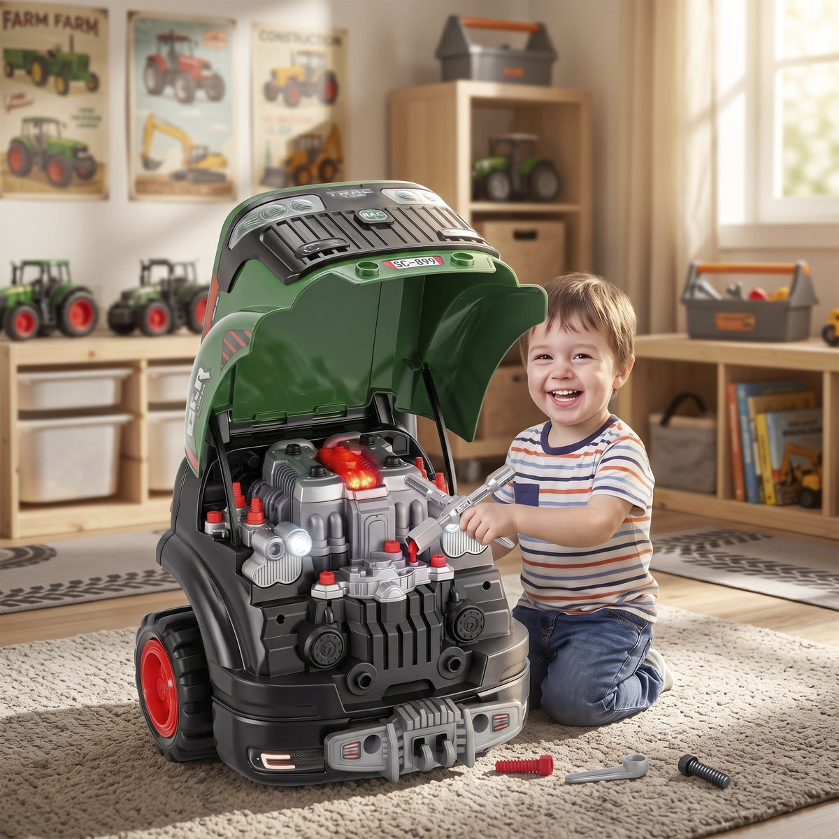 Kids Truck Engine Toy with Spray Lights Sounds for 3-6 Years, Green