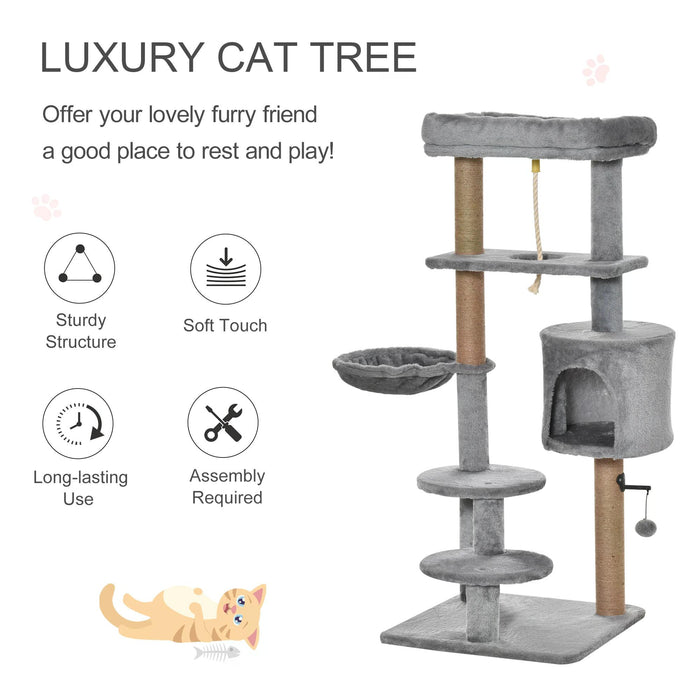 Cat Tree Cat Scratching Post 120cm with Jute Scratching Post Perch Hanging Ball Hammock Teasing Rope Condo Toy Grey