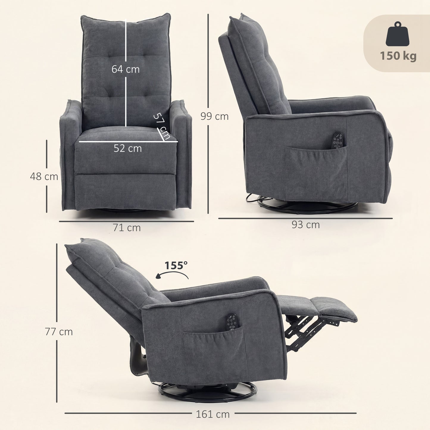 Recliner Armchair, Chenille Recliner Chair with Massage and Heat, 360° Swivel Rocking Manual Reclining Chair with Side Pockets for Living Room, Dark Grey