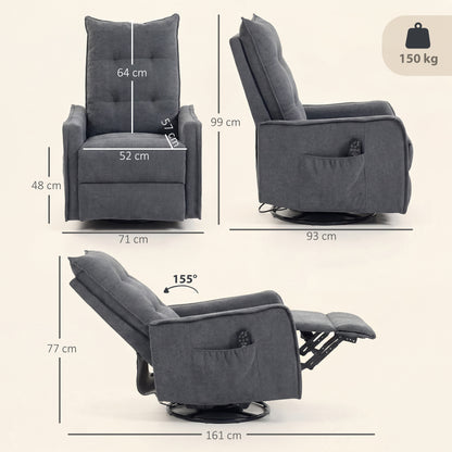 Recliner Armchair, Chenille Recliner Chair with Massage and Heat, 360° Swivel Rocking Manual Reclining Chair with Side Pockets for Living Room, Dark Grey