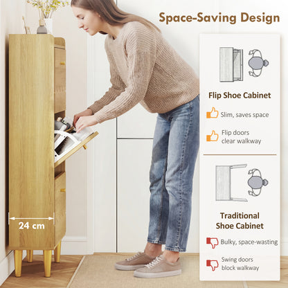 Narrow Shoe Cabinet, Shoe Storage Cabinet with 3 Flip Drawers, Oak