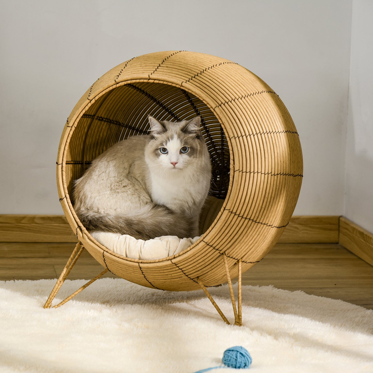 Wicker Cat Bed Elevated Rattan Kitten Basket Cozy Cave w/ Soft Cushion