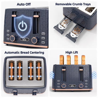 Toaster with 4 Slot, 7 Browning Levels, 1860W, Honeycomb, Dark Blue