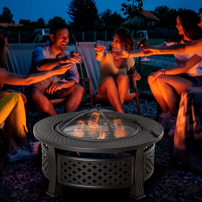 Outdoor Fire Pit,Round Firepit with Grill Net,Mesh Lid,Bronze Tone