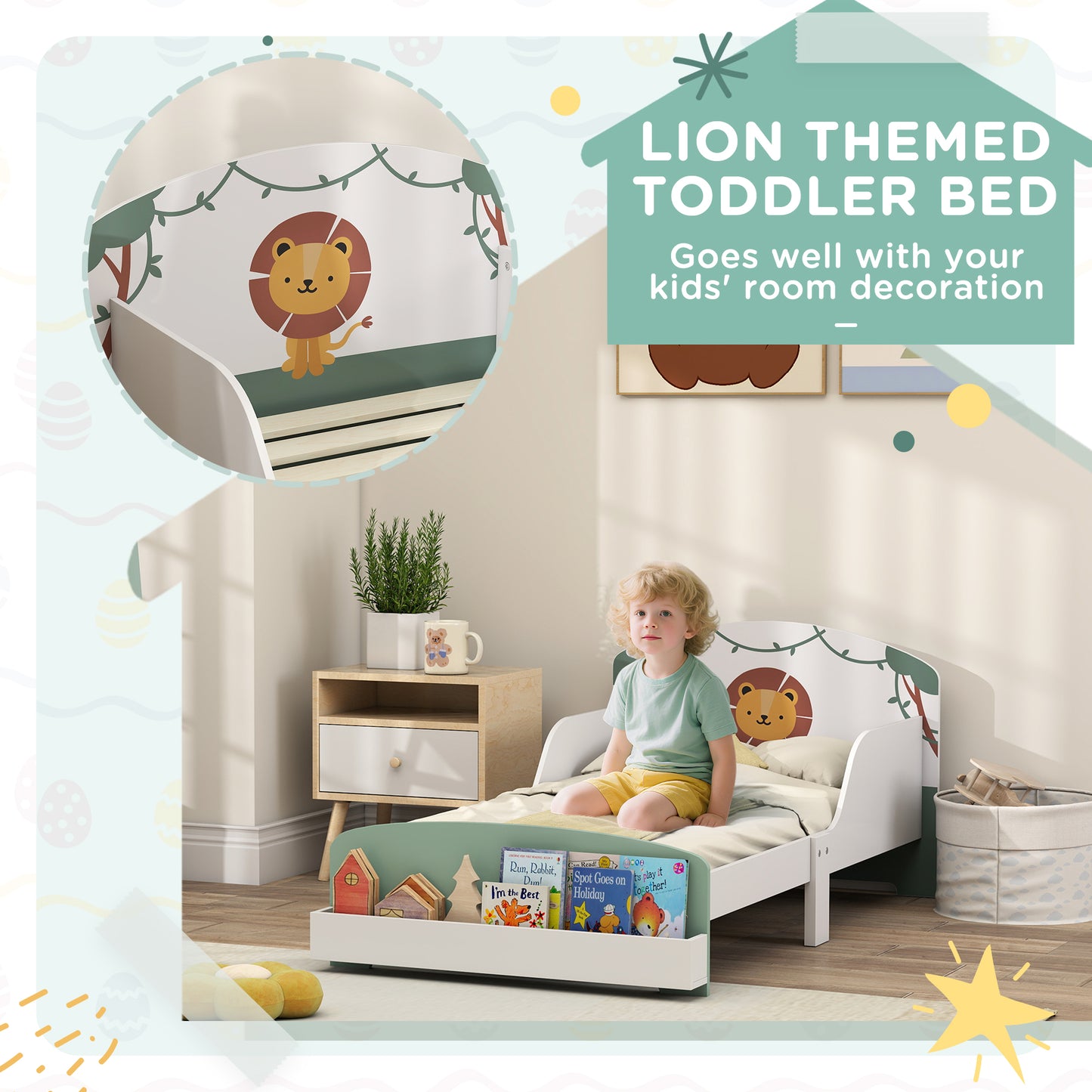 Toddler Bed, Lion-Themed Kids Bed Frame with Storage, Green