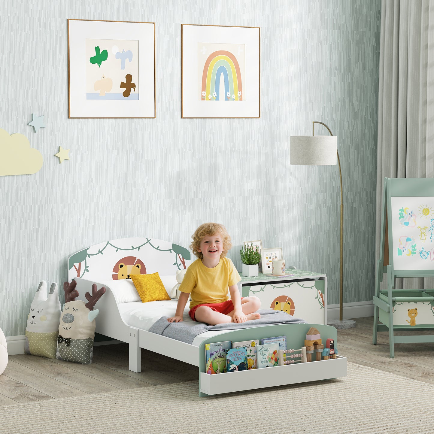 Toddler Bed, Lion-Themed Kids Bed Frame with Storage, Green