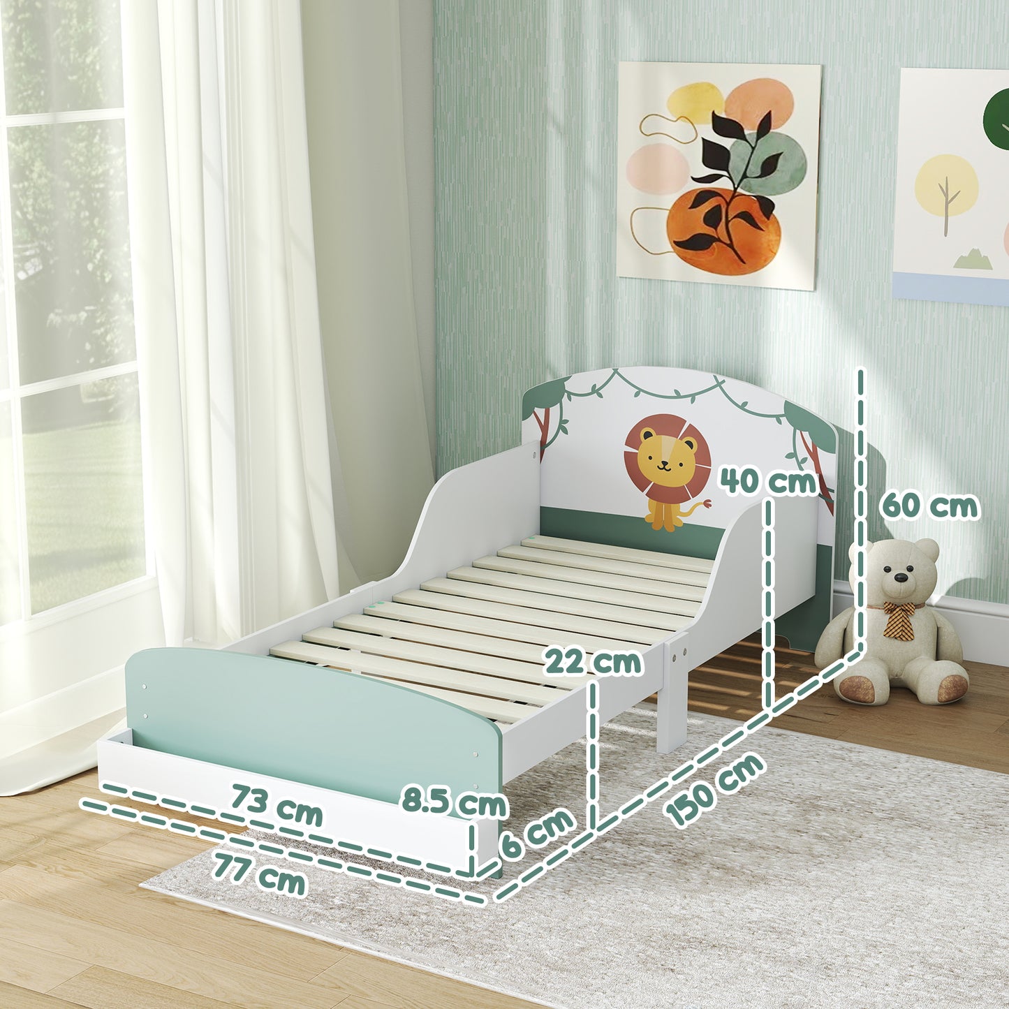 Toddler Bed, Lion-Themed Kids Bed Frame with Storage, Green