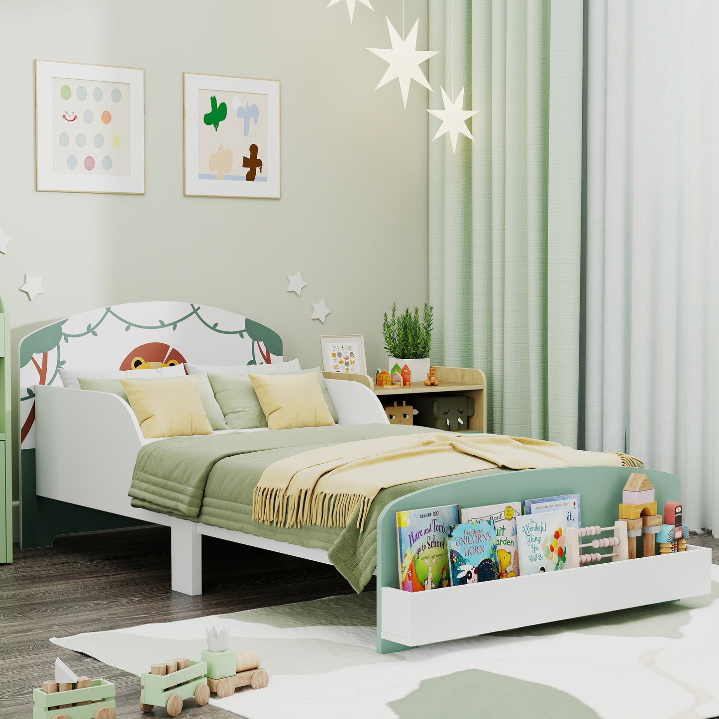Toddler Bed, Lion-Themed Kids Bed Frame with Storage, Green