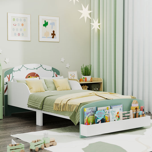 Toddler Bed, Lion-Themed Kids Bed Frame with Storage, Green