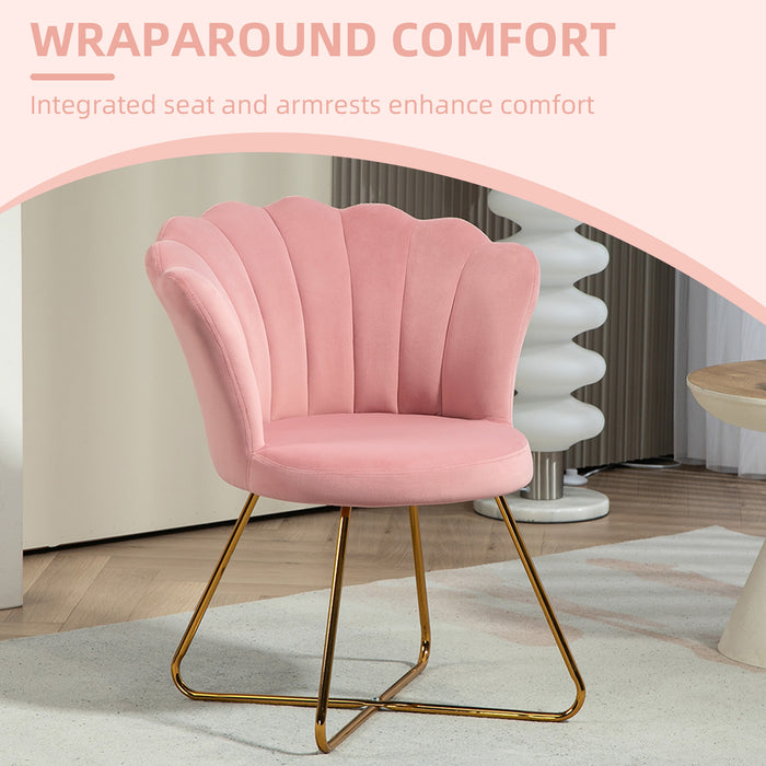 Accent Chair, Velvet Armchair with Lotus Backrest, Steel Legs, Pink