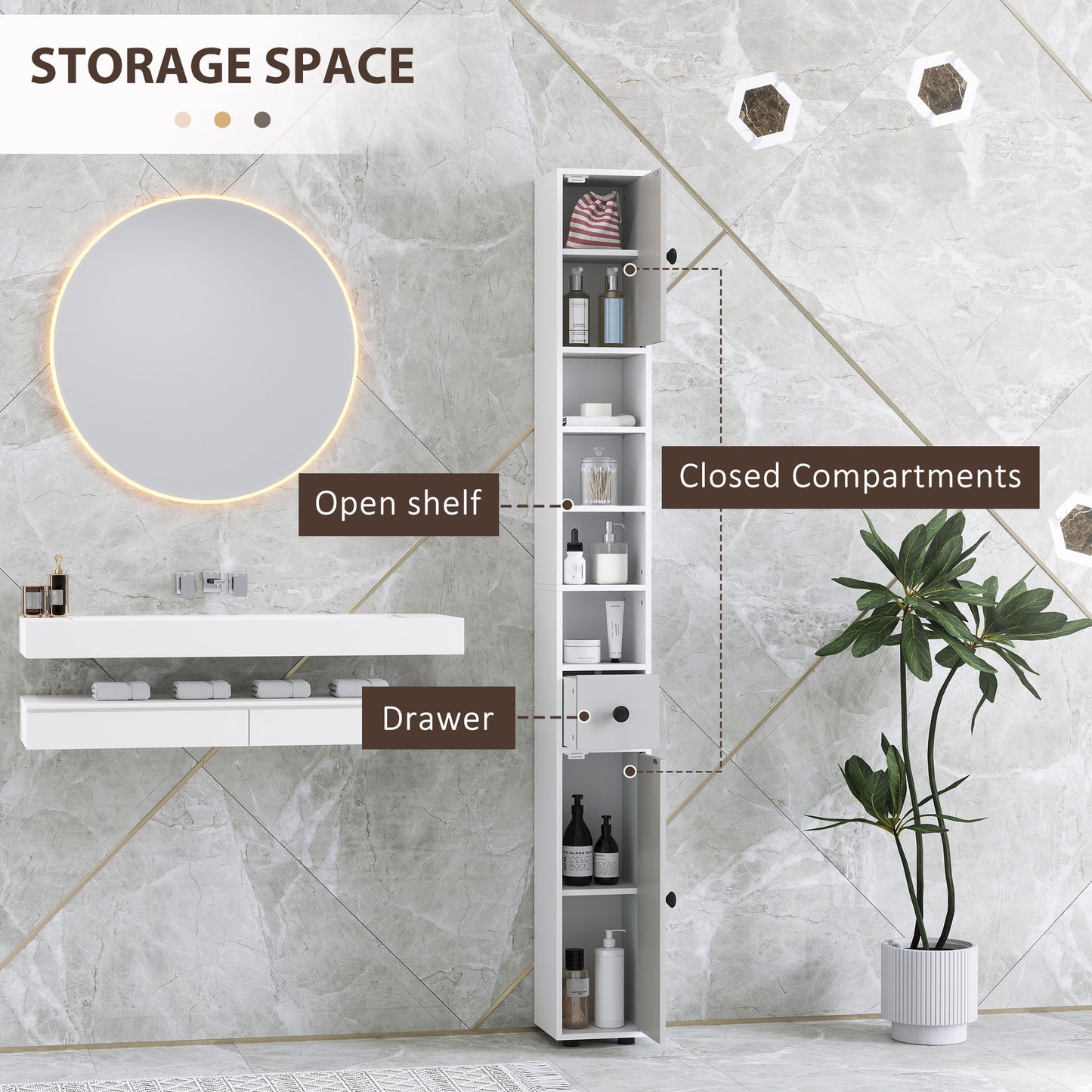 Slim Bathroom Cabinet, Toilet Roll Storage w/ Shelves, Light Grey