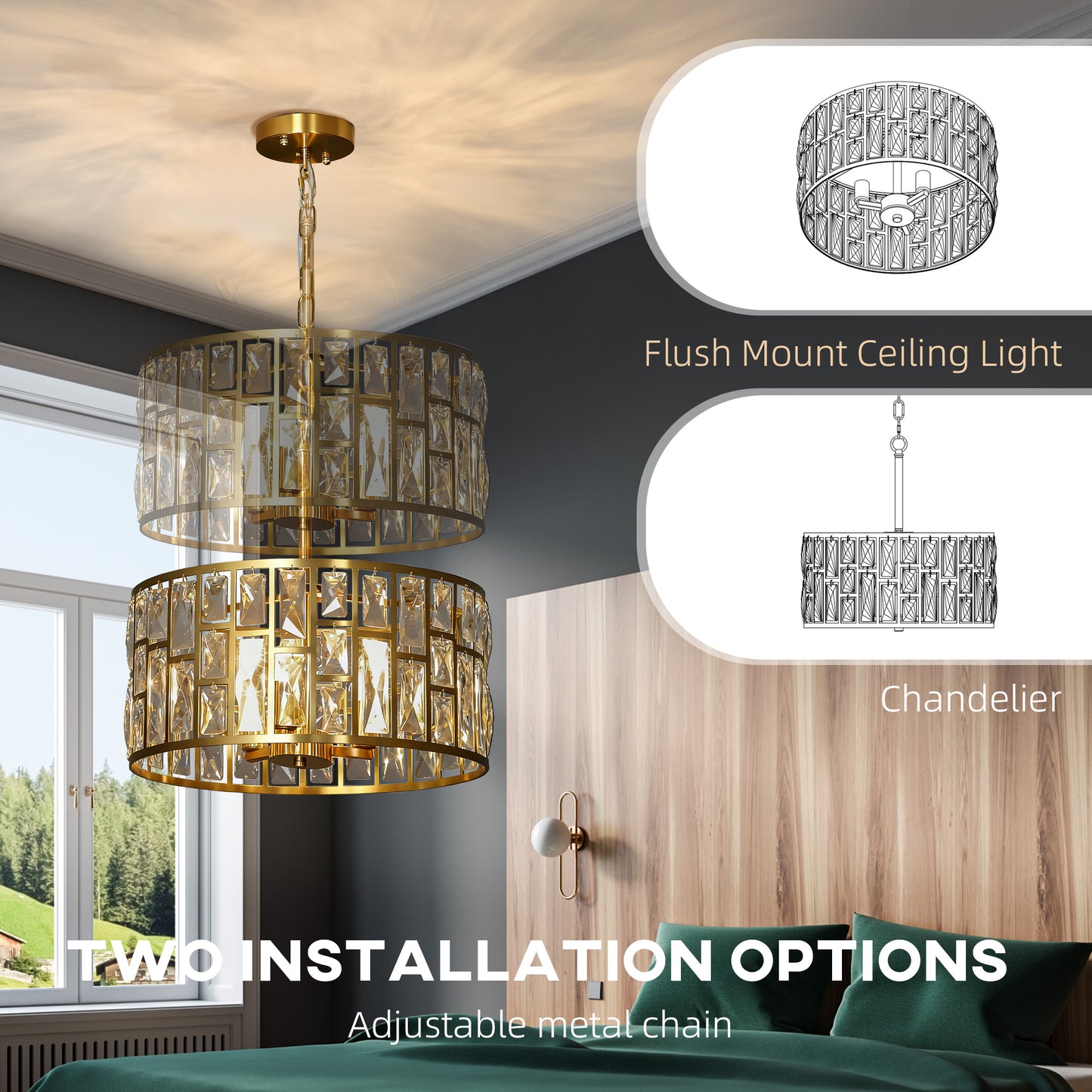 Modern Flush Mount Ceiling Light, Crystal Chandelier for Living Room