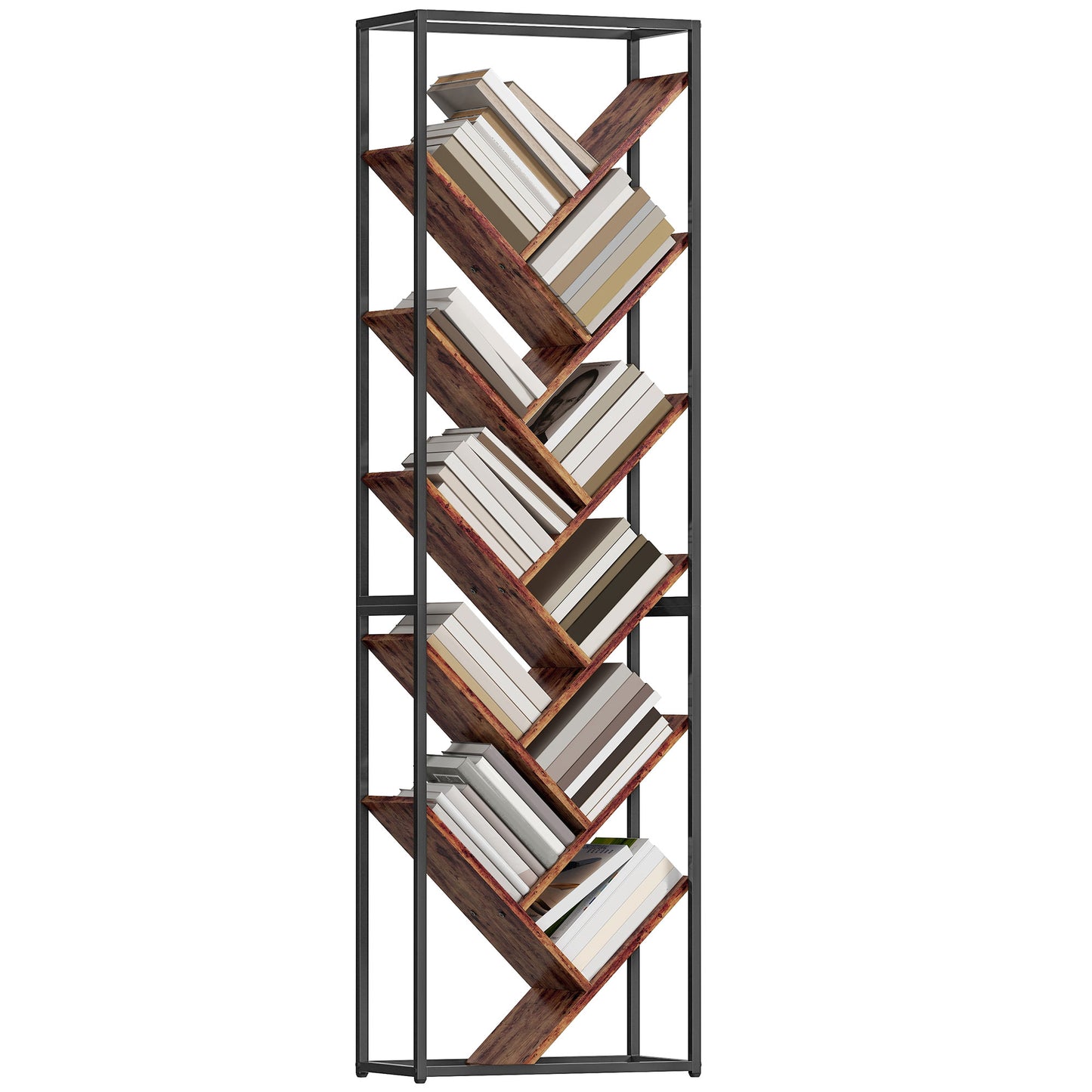 10 Tier Tree Bookshelf Industrial Tall Bookcase Rustic Brown Black