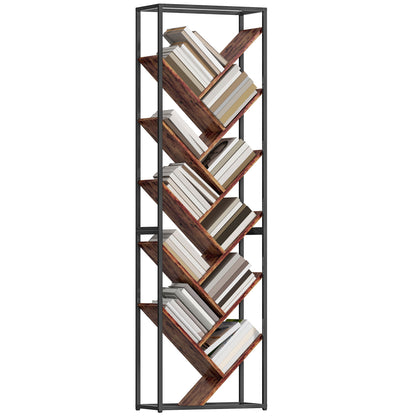 10 Tier Tree Bookshelf Industrial Tall Bookcase Rustic Brown Black
