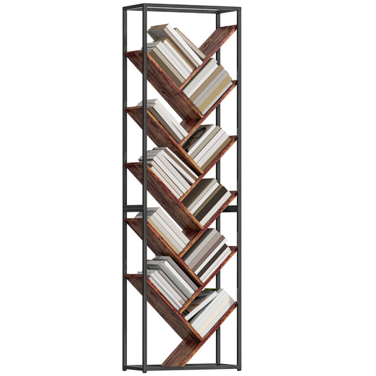 10 Tier Tree Bookshelf Industrial Tall Bookcase Rustic Brown Black