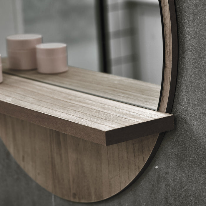 Round Mirror for Wall Makeup Mirror with Shelf Grey Wood Effect