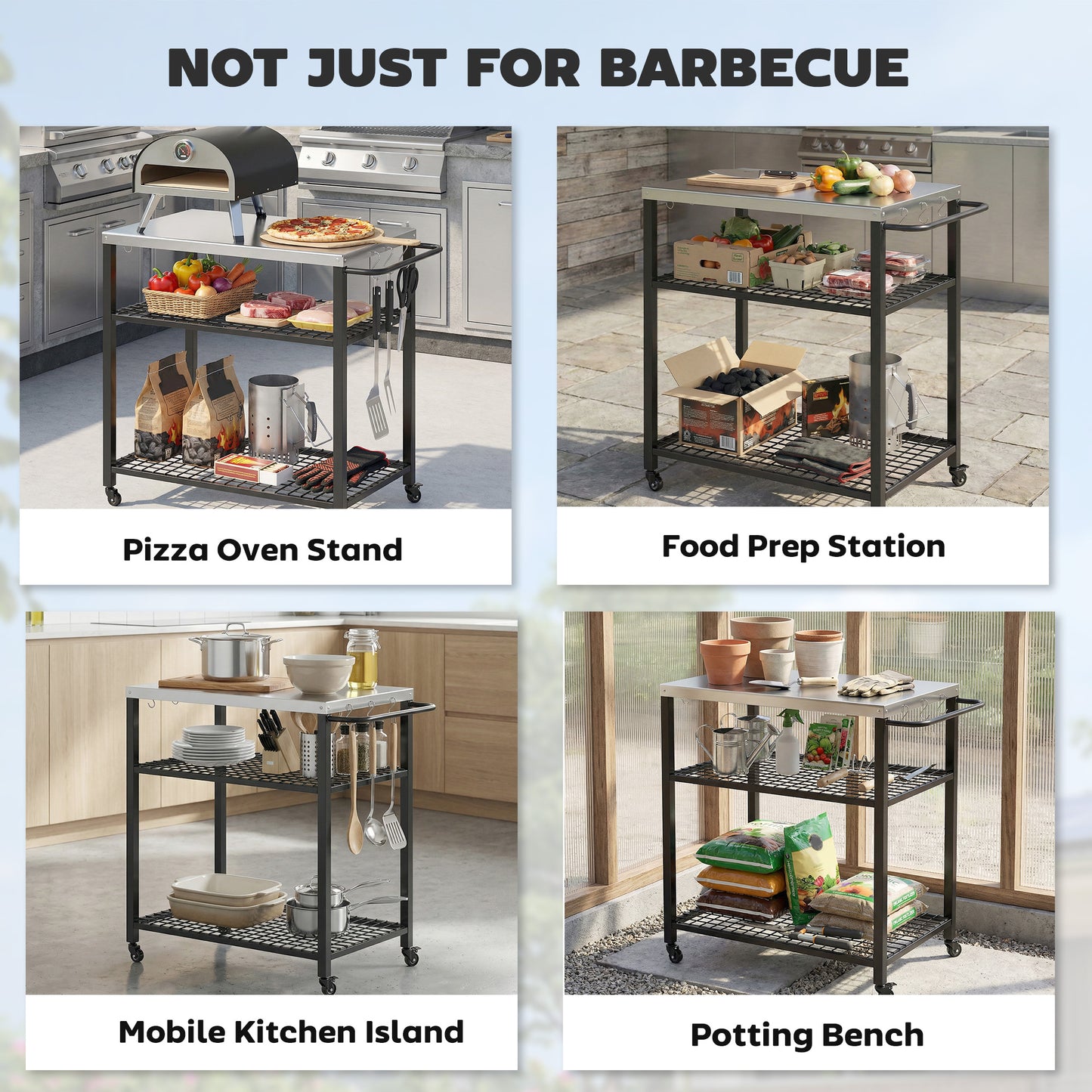 Outdoor Grill Cart, Movable Food Prep Table with Wheels, Hooks