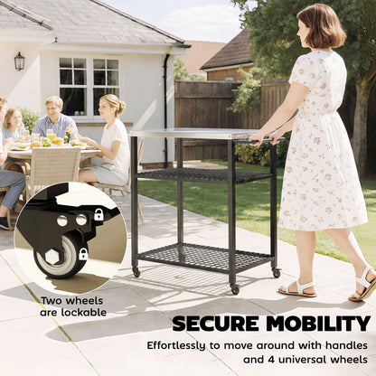 Outdoor Grill Cart, Movable Food Prep Table with Wheels, Hooks
