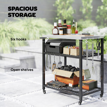 Outdoor Grill Cart, Movable Food Prep Table with Wheels, Hooks