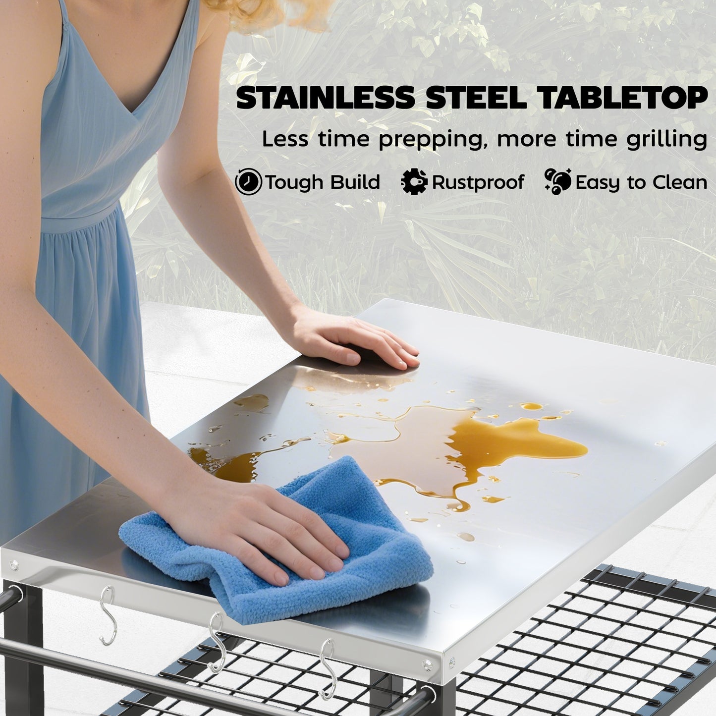 Outdoor Grill Cart, Movable Food Prep Table with Wheels, Hooks