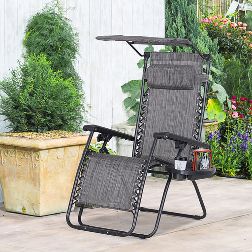 Zero Gravity Garden Deck Folding Chair Patio Sun Lounger Reclining Seat with Cup Holder & Canopy Shade - Grey