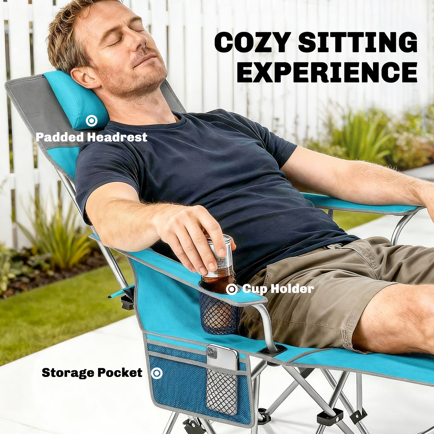 Set of 2 Reclining Camping Chairs, Blue and Grey