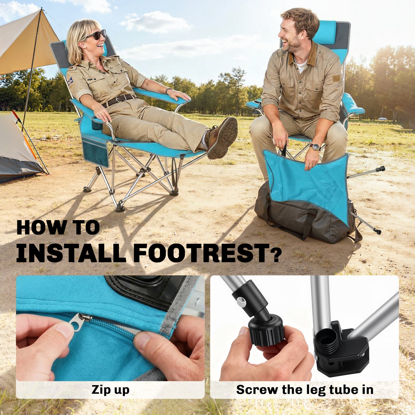 Set of 2 Reclining Camping Chairs, Blue and Grey